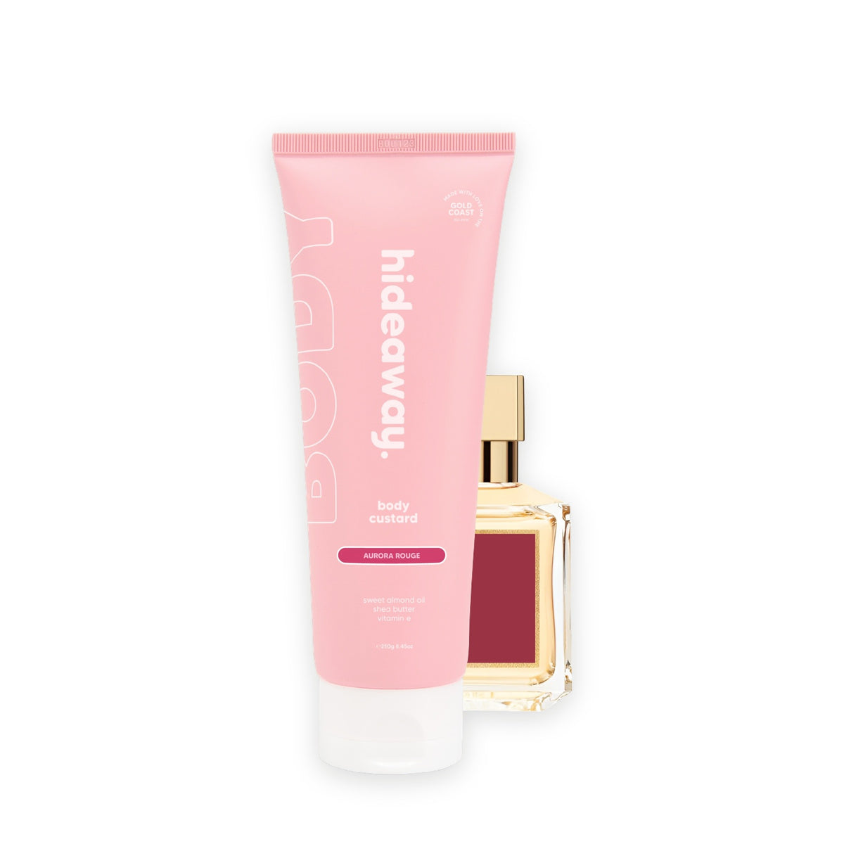 Hideaway. Aurora Rouge body custard beside the MFK Baccarat Rouge 540 bottle it is inspired by