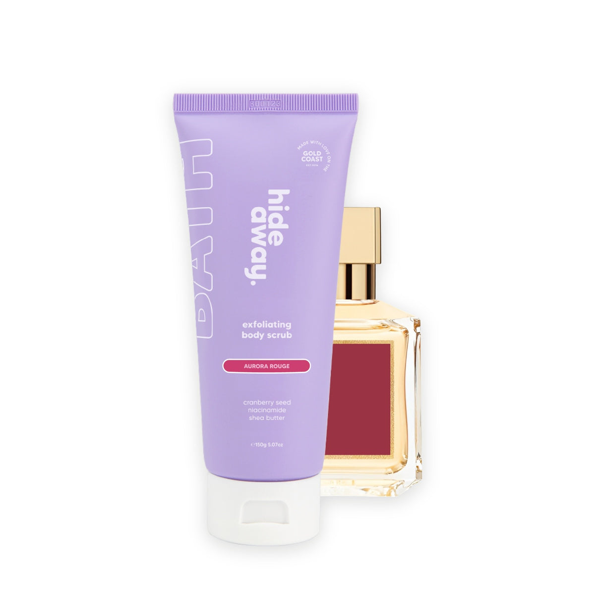 Hideaway. Aurora Rouge exfoliating body scrub beside the MFK Baccarat Rouge 540 bottle it is inspired by