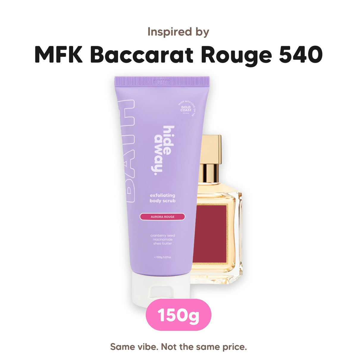 Aurora Rouge exfoliating body scrub, inspired by MFK Baccarat Rouge 540