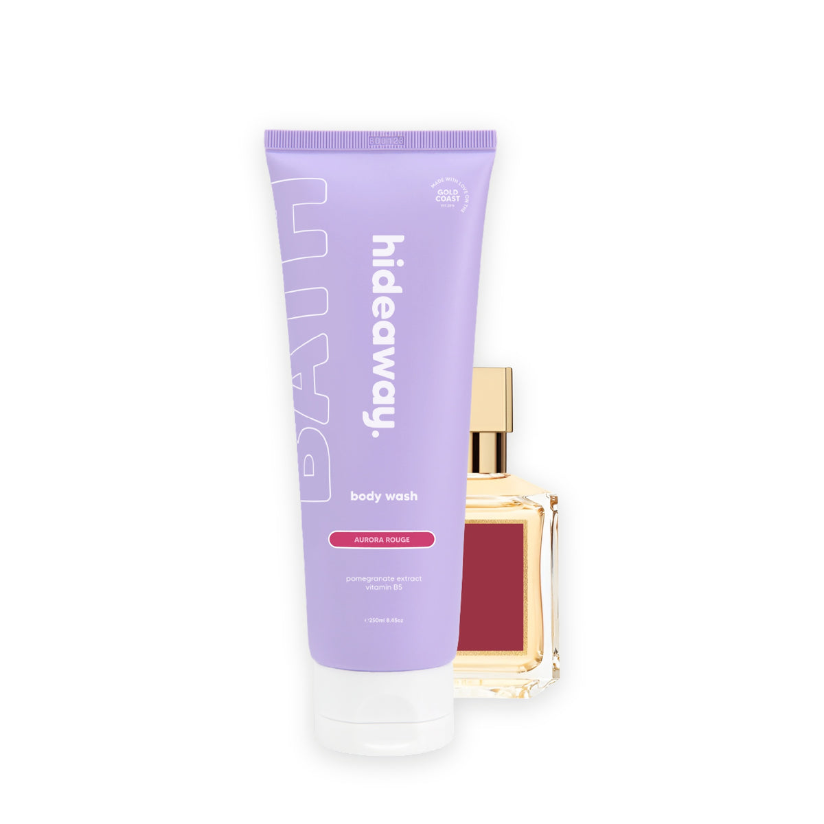 Hideaway. Aurora Rouge body wash beside the MFK Baccarat Rouge 540 bottle it is inspired by