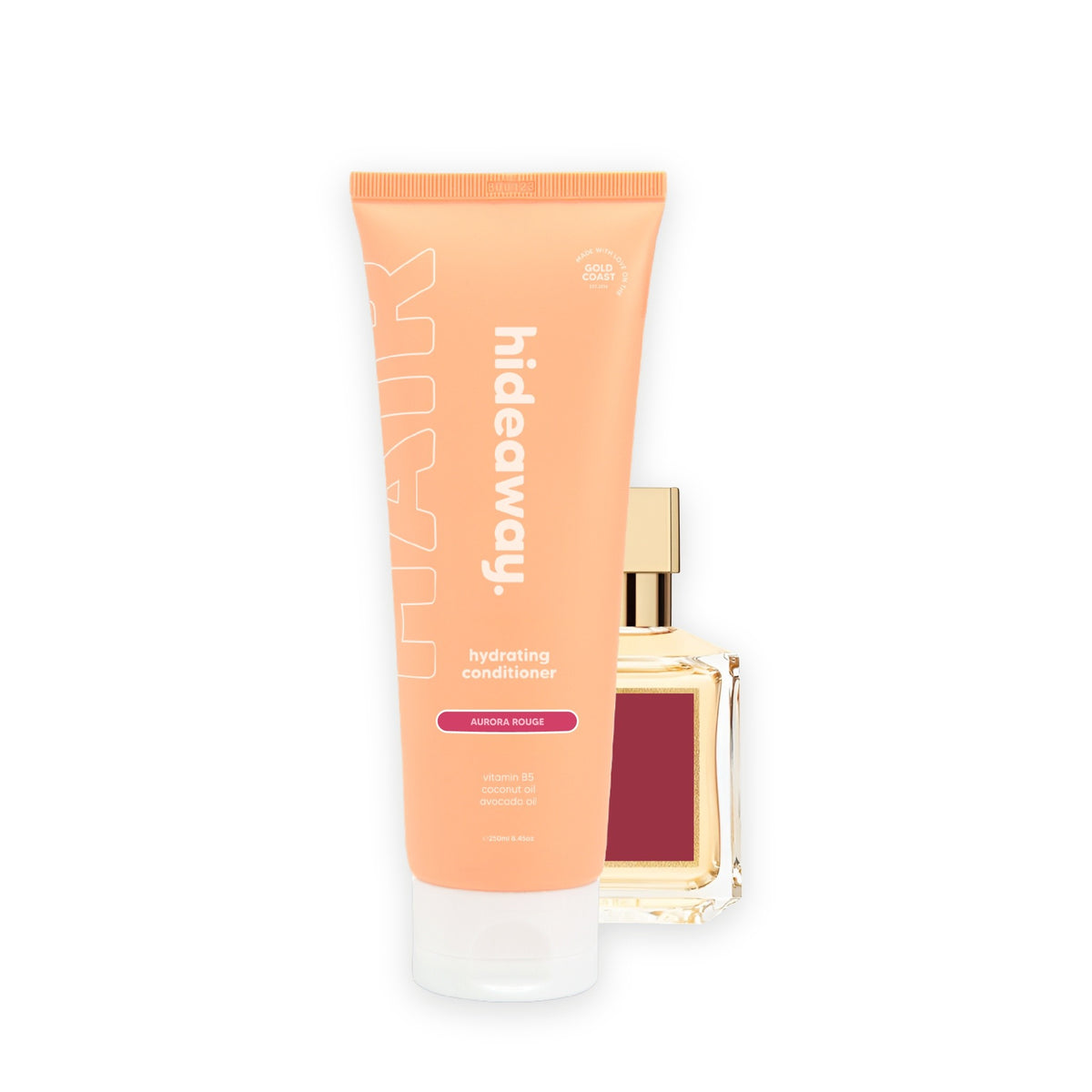 Hideaway. Aurora Rouge conditioner beside the MFK Baccarat Rouge 540 bottle it is inspired by