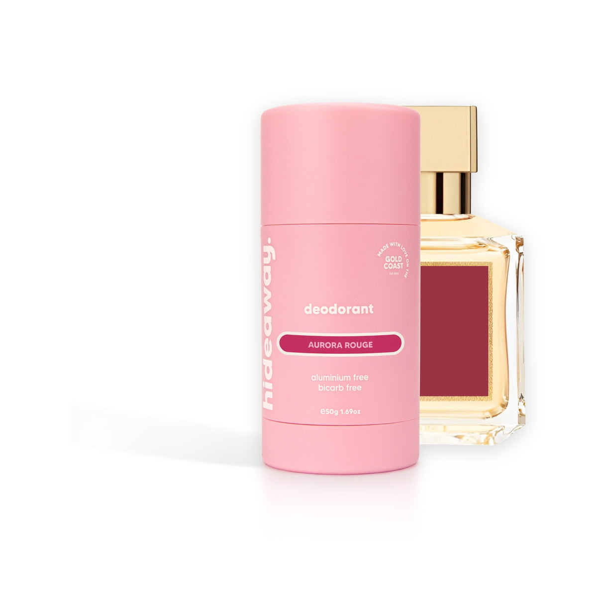 Hideaway. Aurora Rouge deodorant beside the MFK Baccarat Rouge 540 bottle it is inspired by