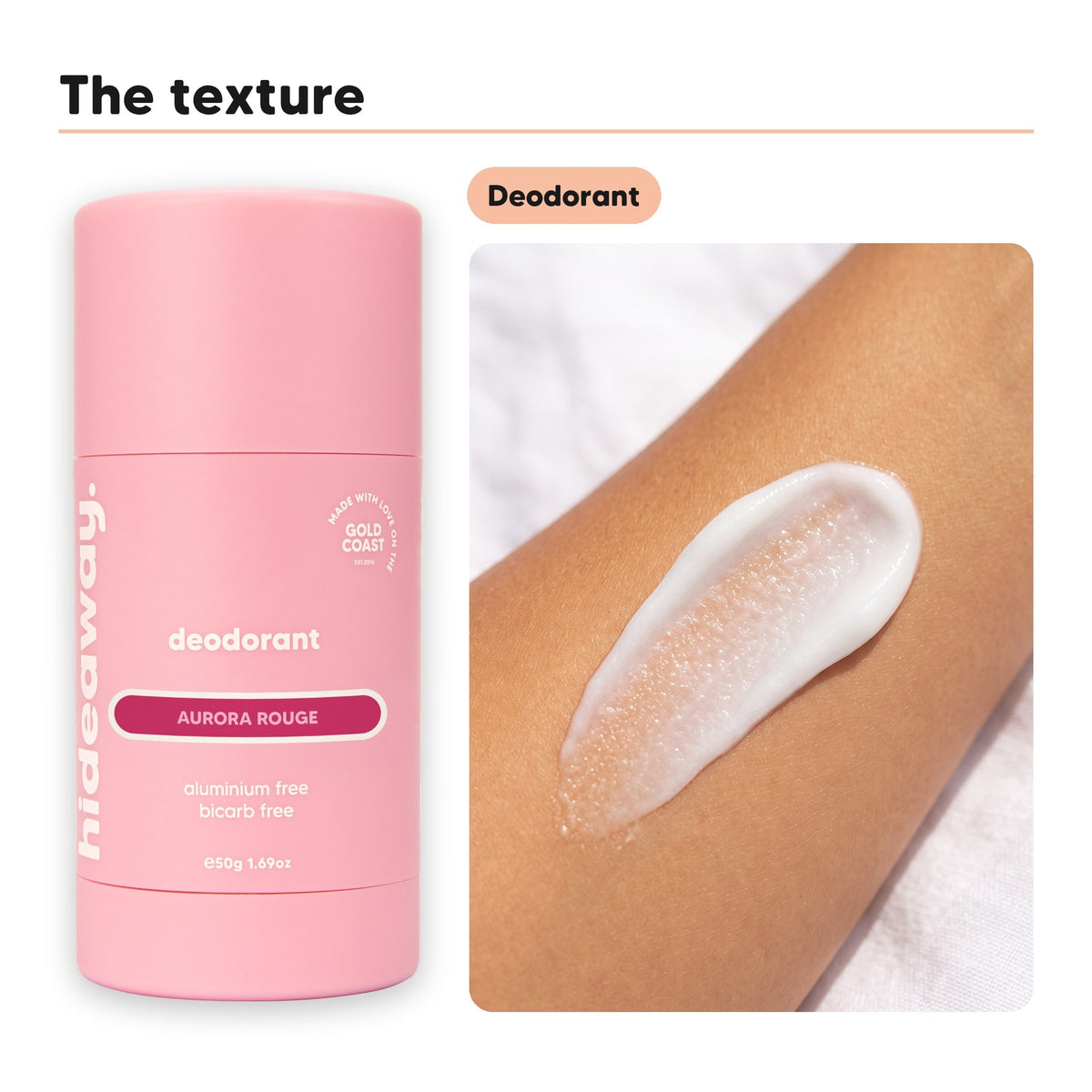 Deodorant texture swiped on an inner arm, beside Hideaway. Aurora Rouge deodorant
