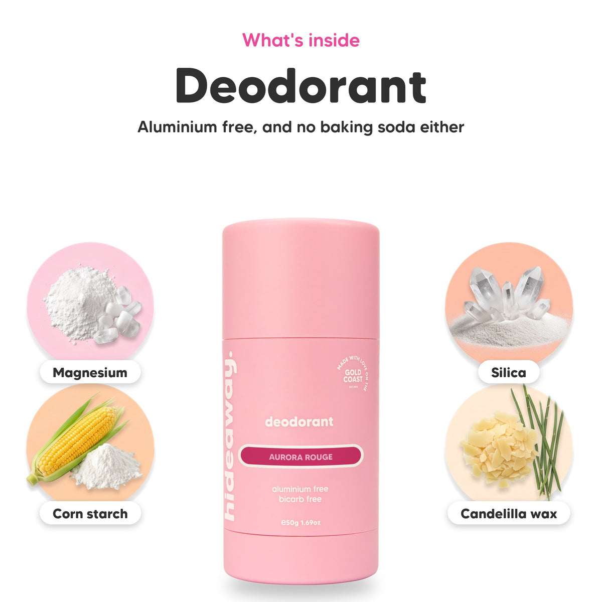 Aurora Rouge deodorant, key ingredients: magnesium, corn starch, silica and candelilla wax