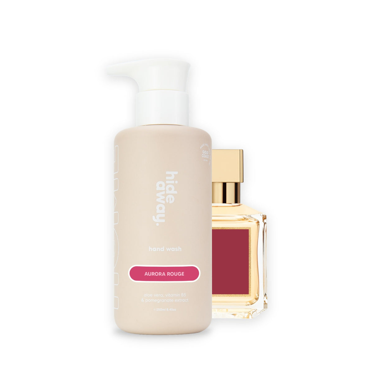 Hideaway. Aurora Rouge hand wash beside the MFK Baccarat Rouge 540 bottle it is inspired by