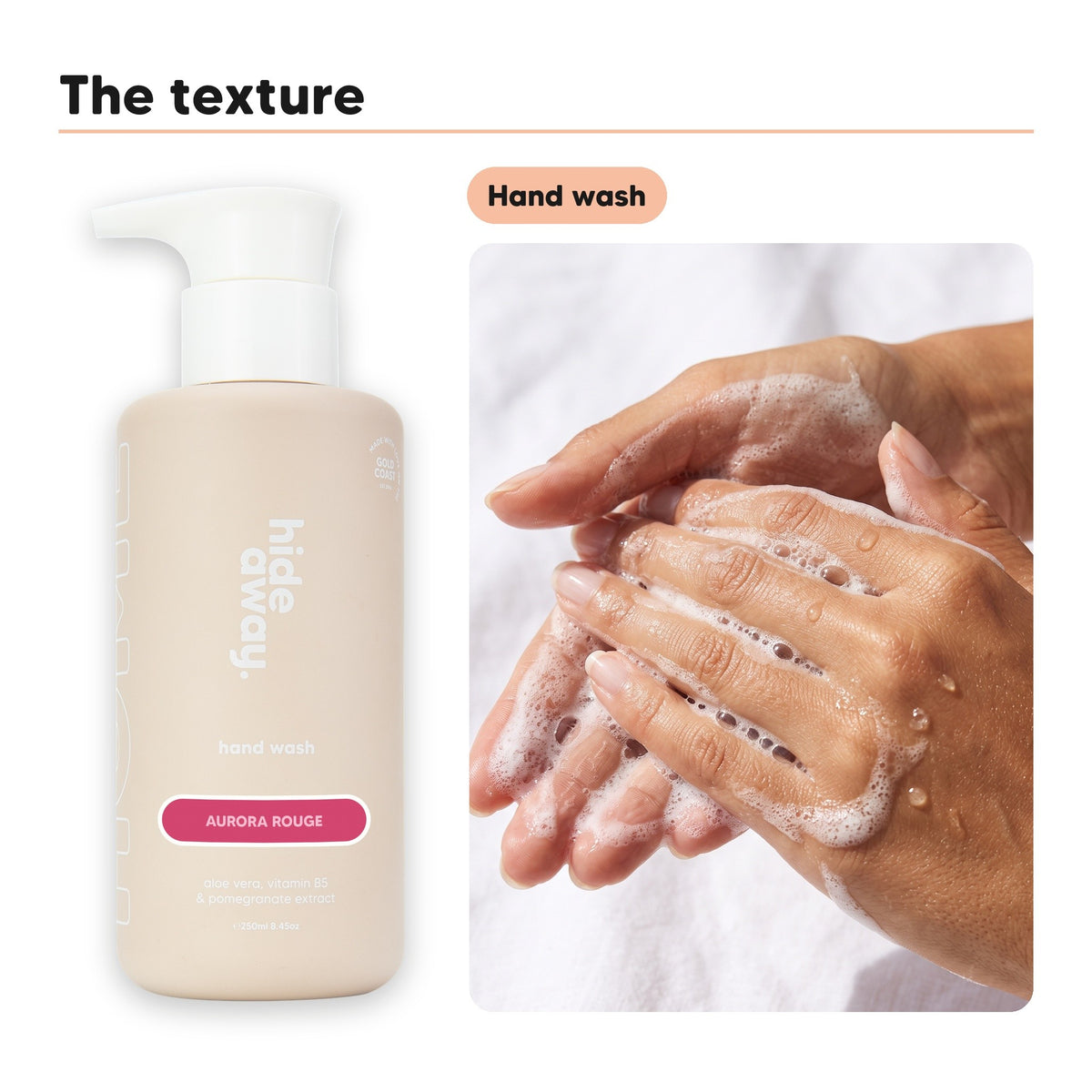 Hand wash texture lathered between hands, beside Hideaway. Aurora Rouge hand wash