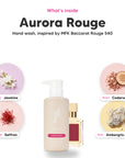 Notes inside Aurora Rouge hand wash: Jasmine, saffron, cedarwood, ambergris accord