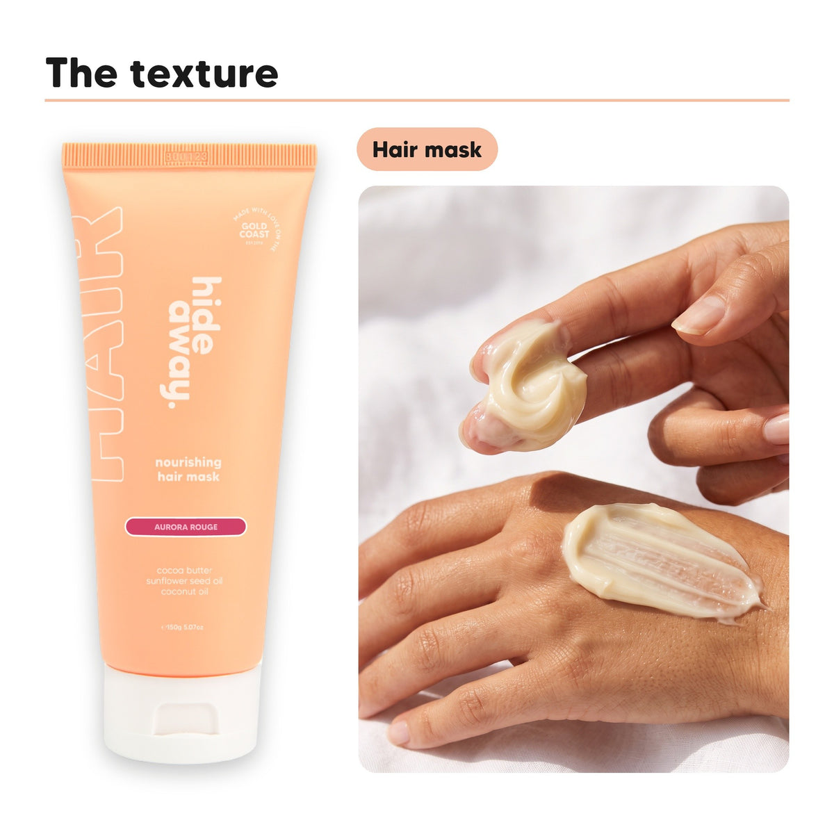 Hair mask texture swatched on a hand, beside Hideaway. Aurora Rouge hair mask