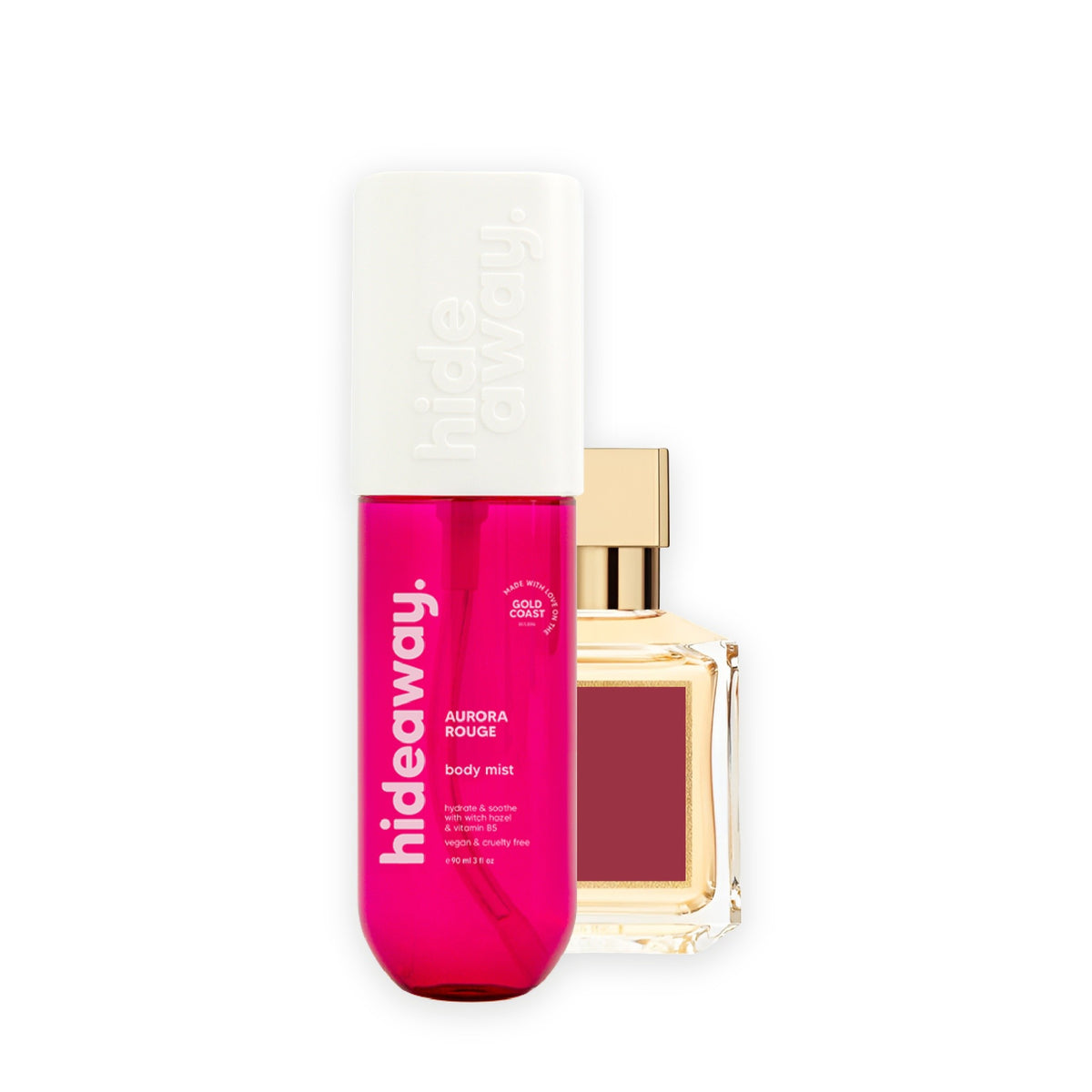 Hideaway. Aurora Rouge body mist beside the MFK Baccarat Rouge 540 bottle it is inspired by