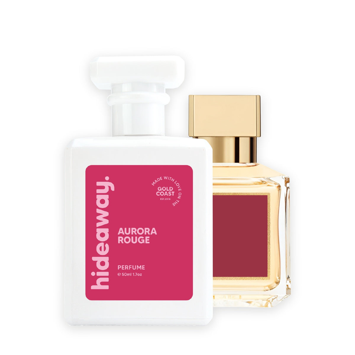 Hideaway. Aurora Rouge perfume 50ml beside the MFK Baccarat Rouge 540 bottle it is inspired by