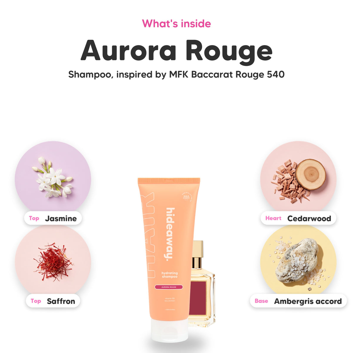 Notes inside Aurora Rouge shampoo: Jasmine, saffron, cedarwood, ambergris accord