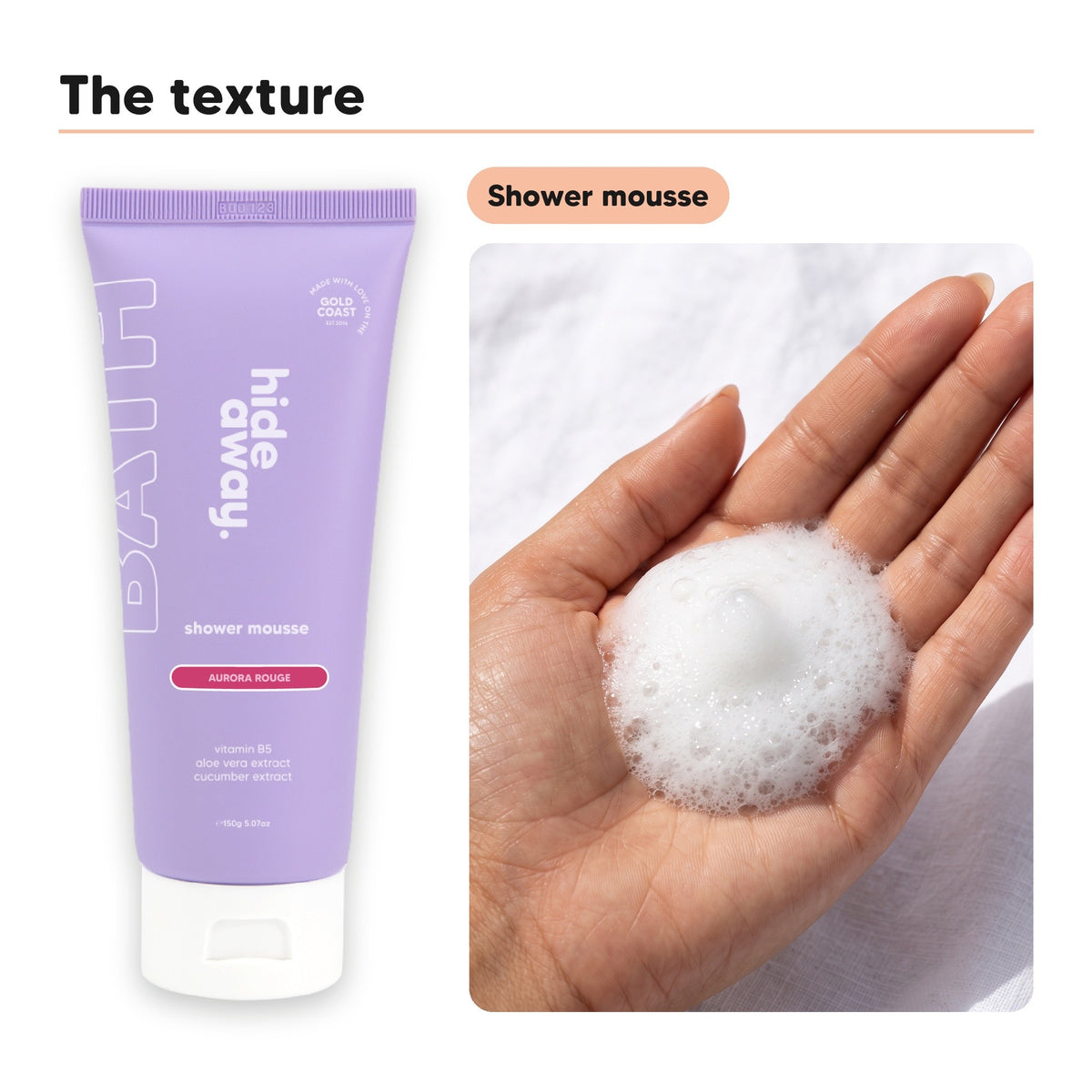 Shower mousse texture in an open palm, beside Hideaway. Aurora Rouge shower mousse