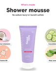 Aurora Rouge shower mousse, key ingredients: coconut cleansers, vitamin B5, cucumber and aloe vera