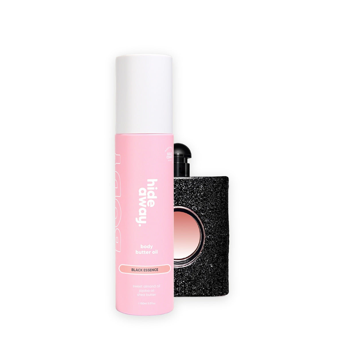 Hideaway. Black Essence body butter oil beside the YSL Black Opium bottle it is inspired by