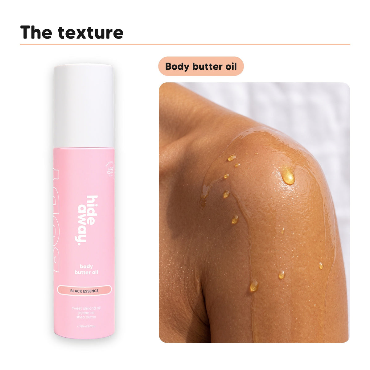 Body butter oil texture glowing on skin, beside Hideaway. Black Essence body butter oil