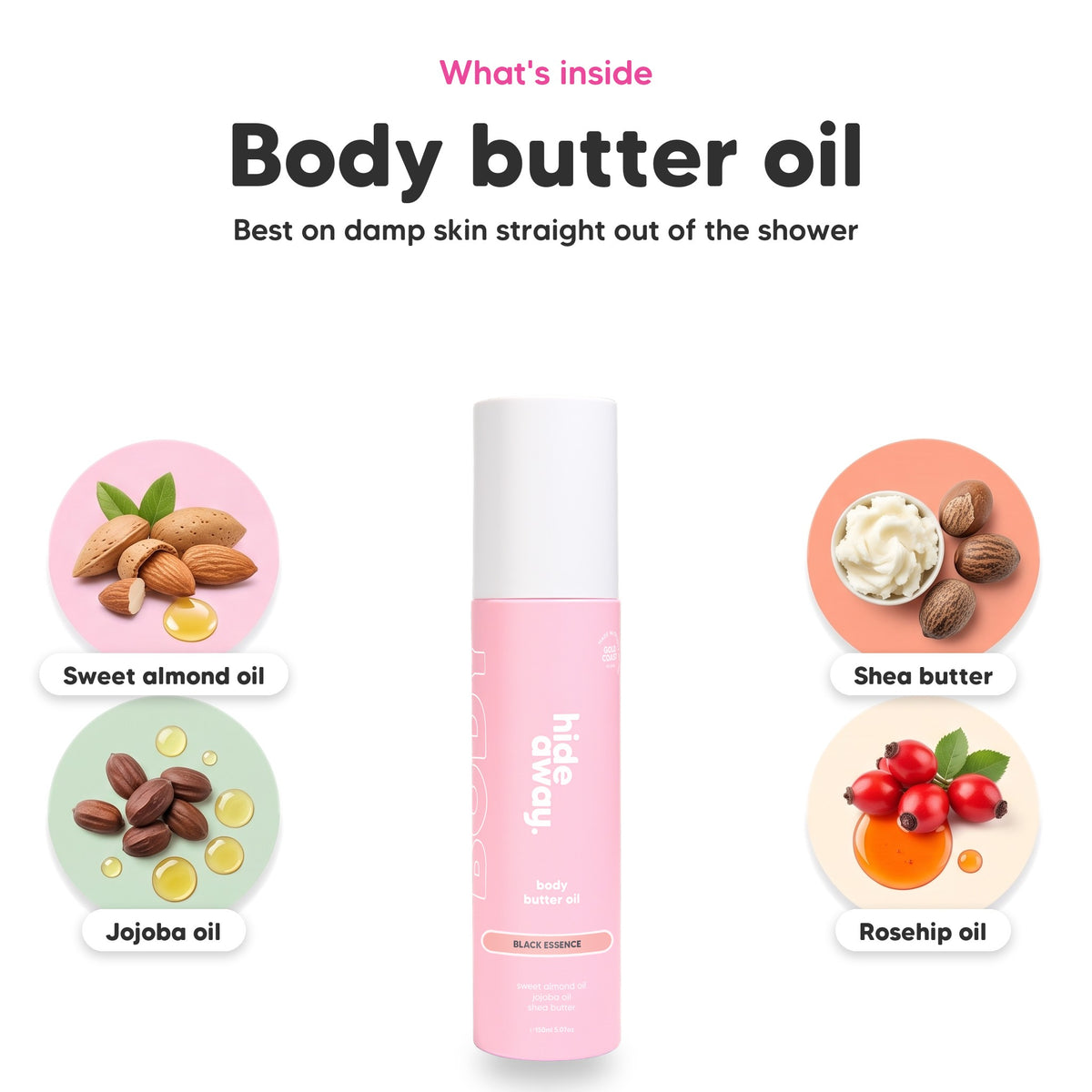 Black Essence body butter oil, key ingredients: sweet almond oil, jojoba oil, shea butter and rosehip oil