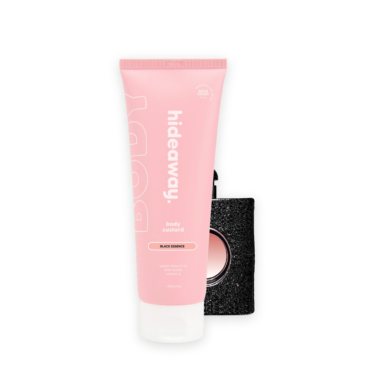 Hideaway. Black Essence body custard beside the YSL Black Opium bottle it is inspired by