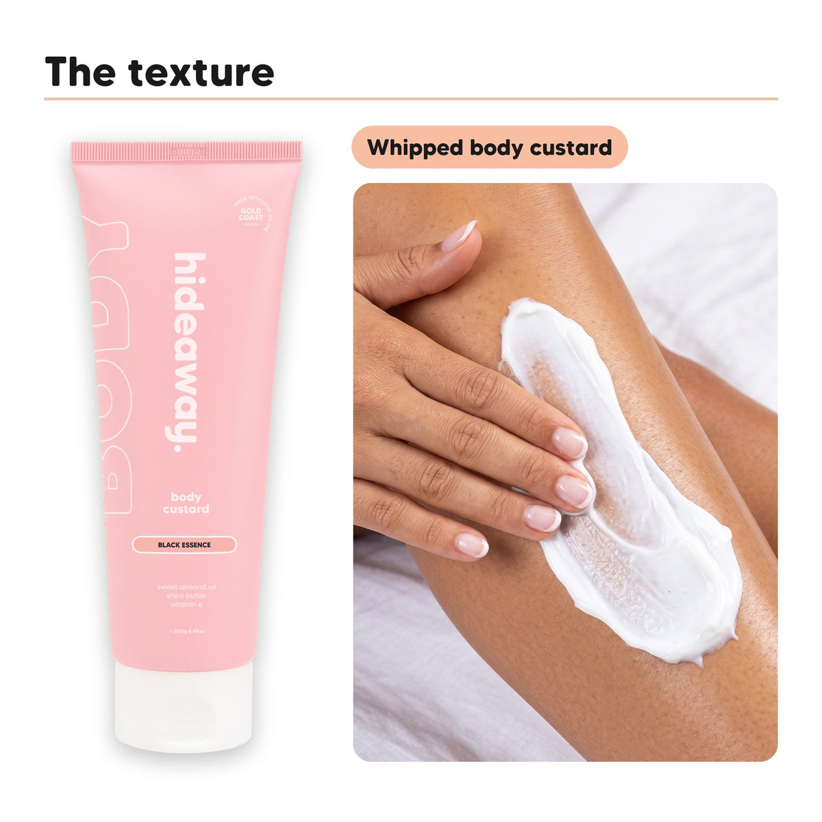 Body custard texture swiped on skin, beside Hideaway. Black Essence body custard