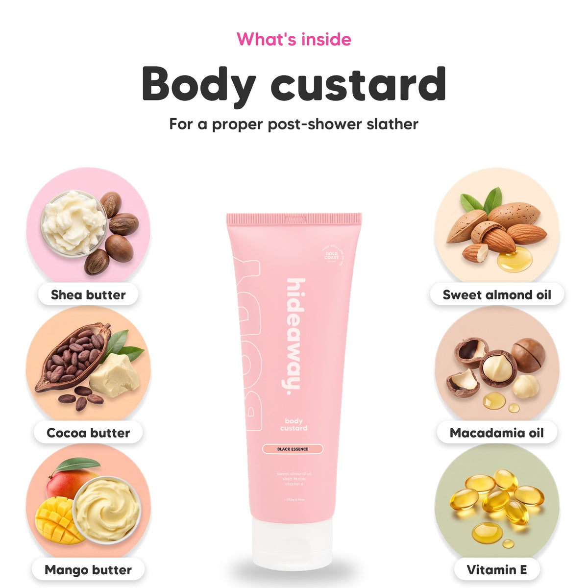 Black Essence body custard, key ingredients: shea butter, cocoa butter, mango butter, sweet almond oil, macadamia oil and vitamin E