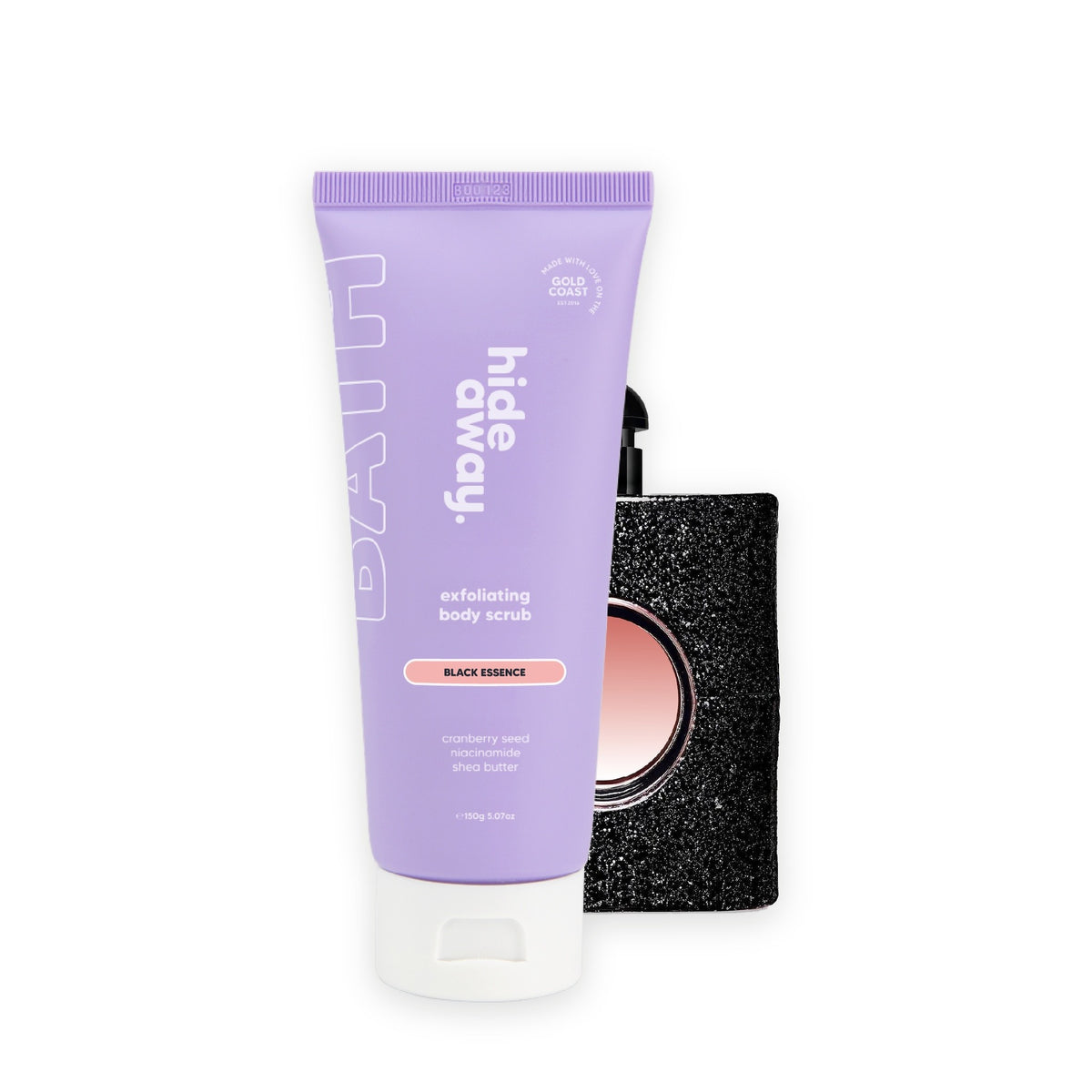 Hideaway. Black Essence exfoliating body scrub beside the YSL Black Opium bottle it is inspired by