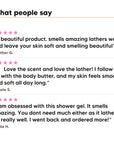 Three five star customer reviews of Hideaway. Black Essence body wash