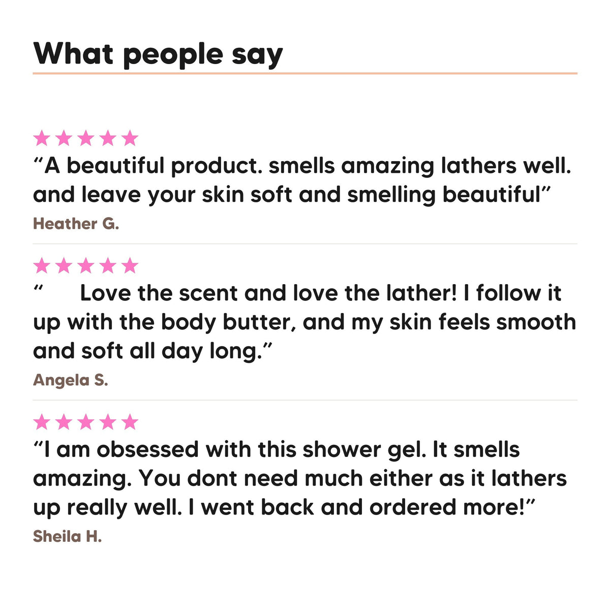 Three five star customer reviews of Hideaway. Black Essence body wash