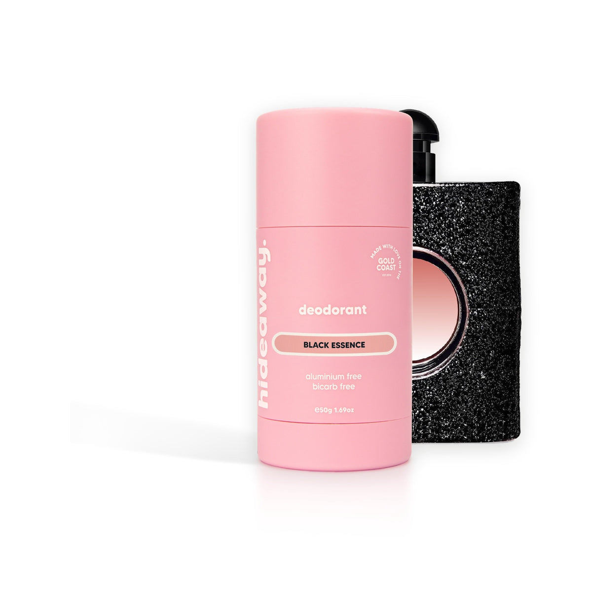 Hideaway. Black Essence deodorant beside the YSL Black Opium bottle it is inspired by