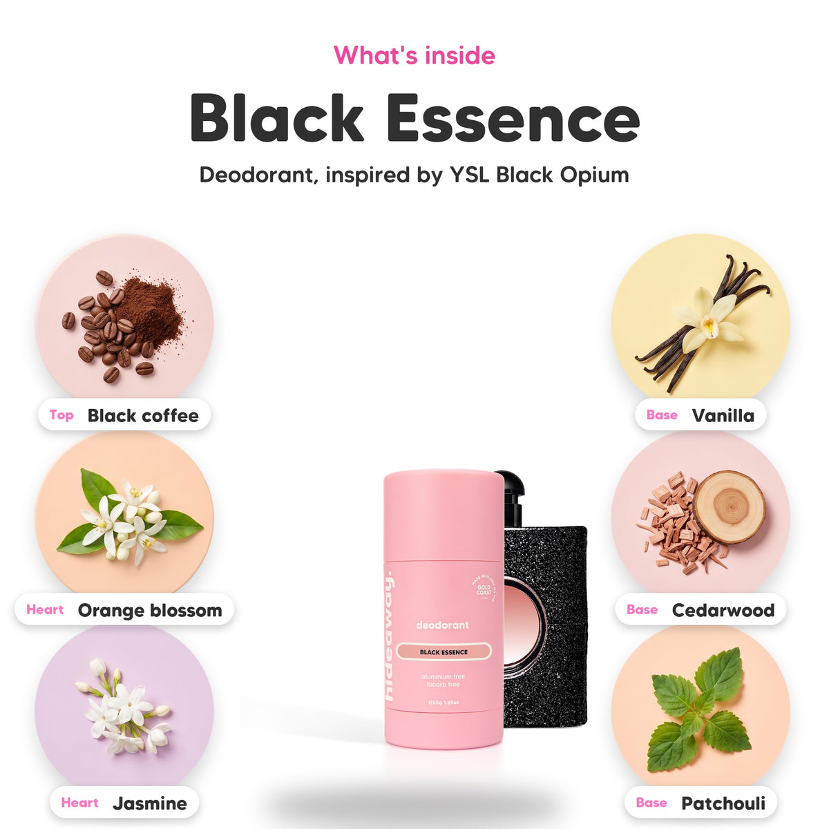 Notes inside Black Essence deodorant: Black coffee, orange blossom, jasmine, vanilla, cedarwood, patchouli