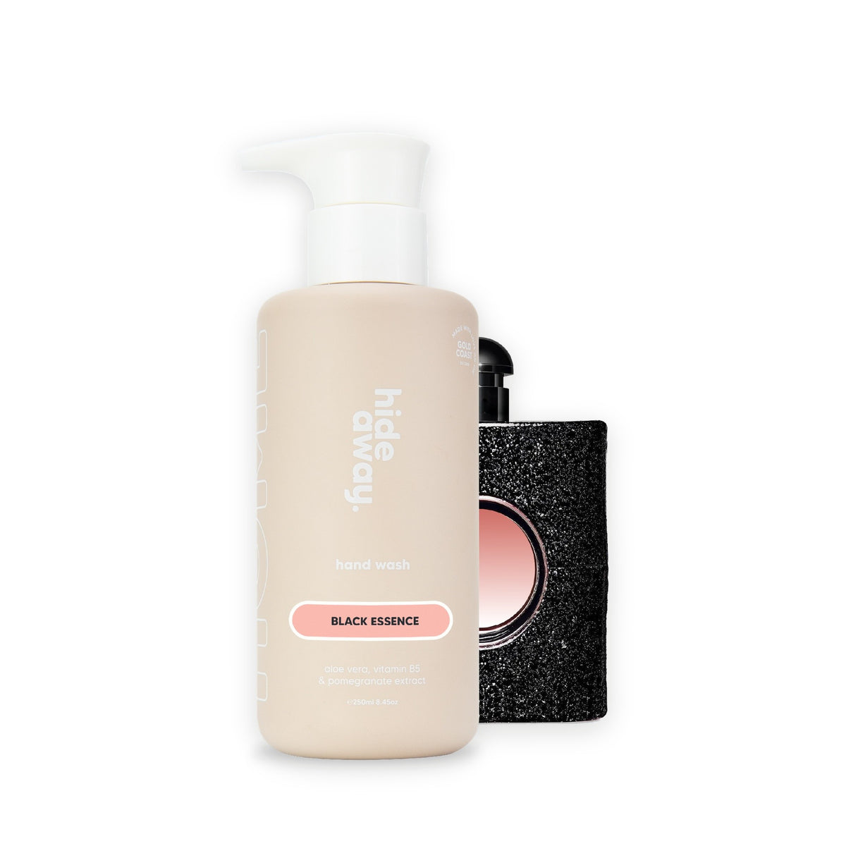 Hideaway. Black Essence hand wash beside the YSL Black Opium bottle it is inspired by