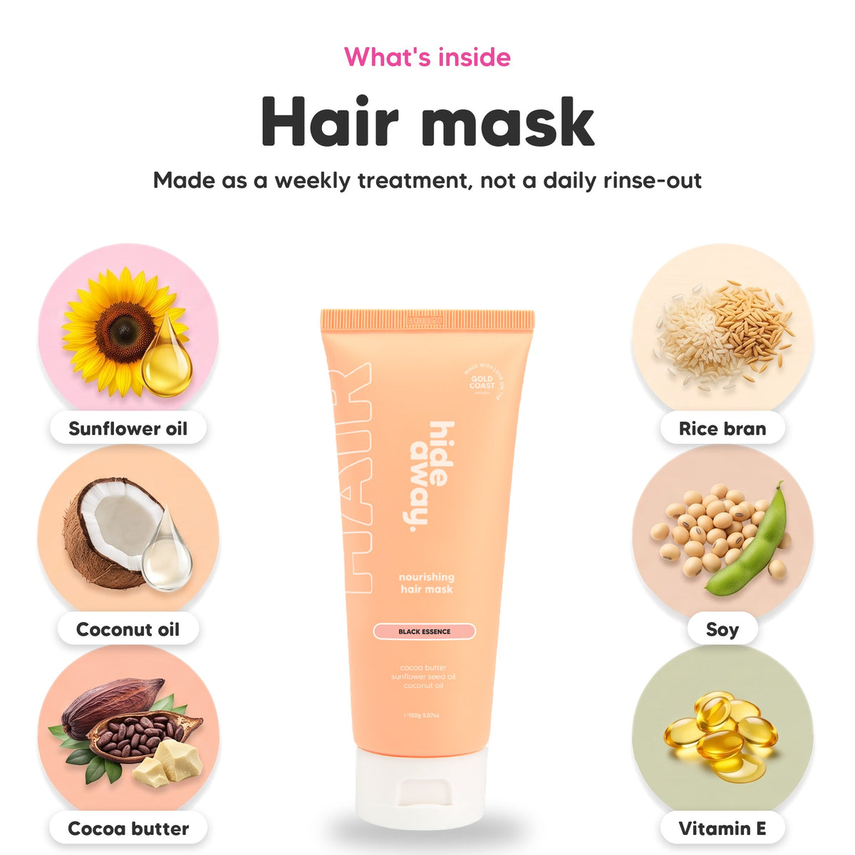 Black Essence hair mask, key ingredients: sunflower oil, coconut oil, cocoa butter, rice bran, soy and vitamin E