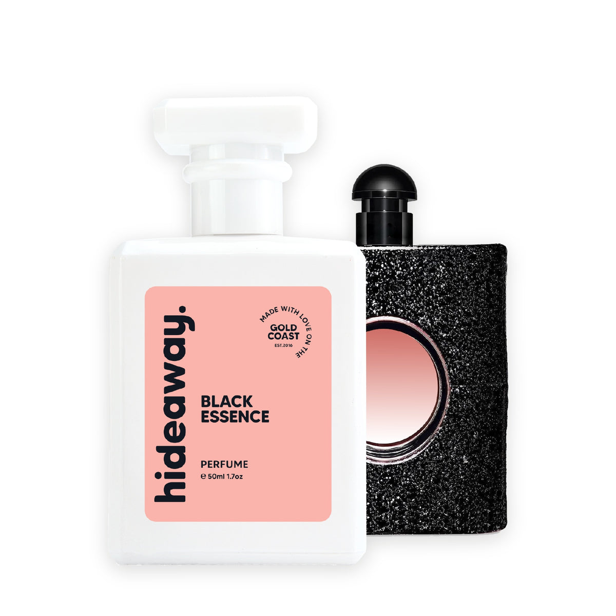 Hideaway. Black Essence perfume 50ml beside the YSL Black Opium bottle it is inspired by