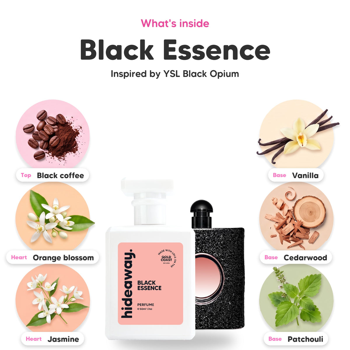 Black Essence notes: top black coffee, heart orange blossom and jasmine, base vanilla, cedarwood and patchouli