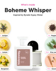 Notes inside Boheme Whisper: Juniper, lemon, bergamot, pepper, pine needle, incense