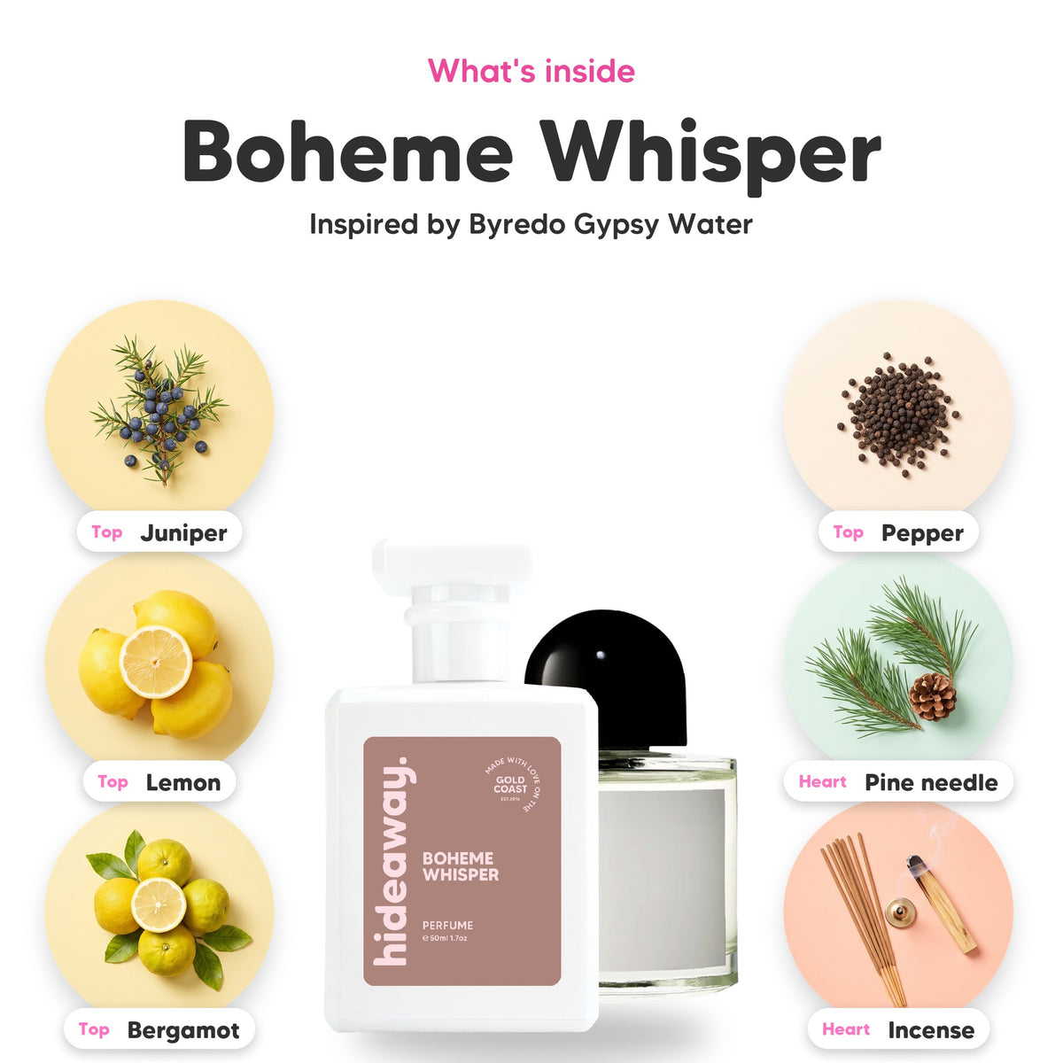 Notes inside Boheme Whisper: Juniper, lemon, bergamot, pepper, pine needle, incense
