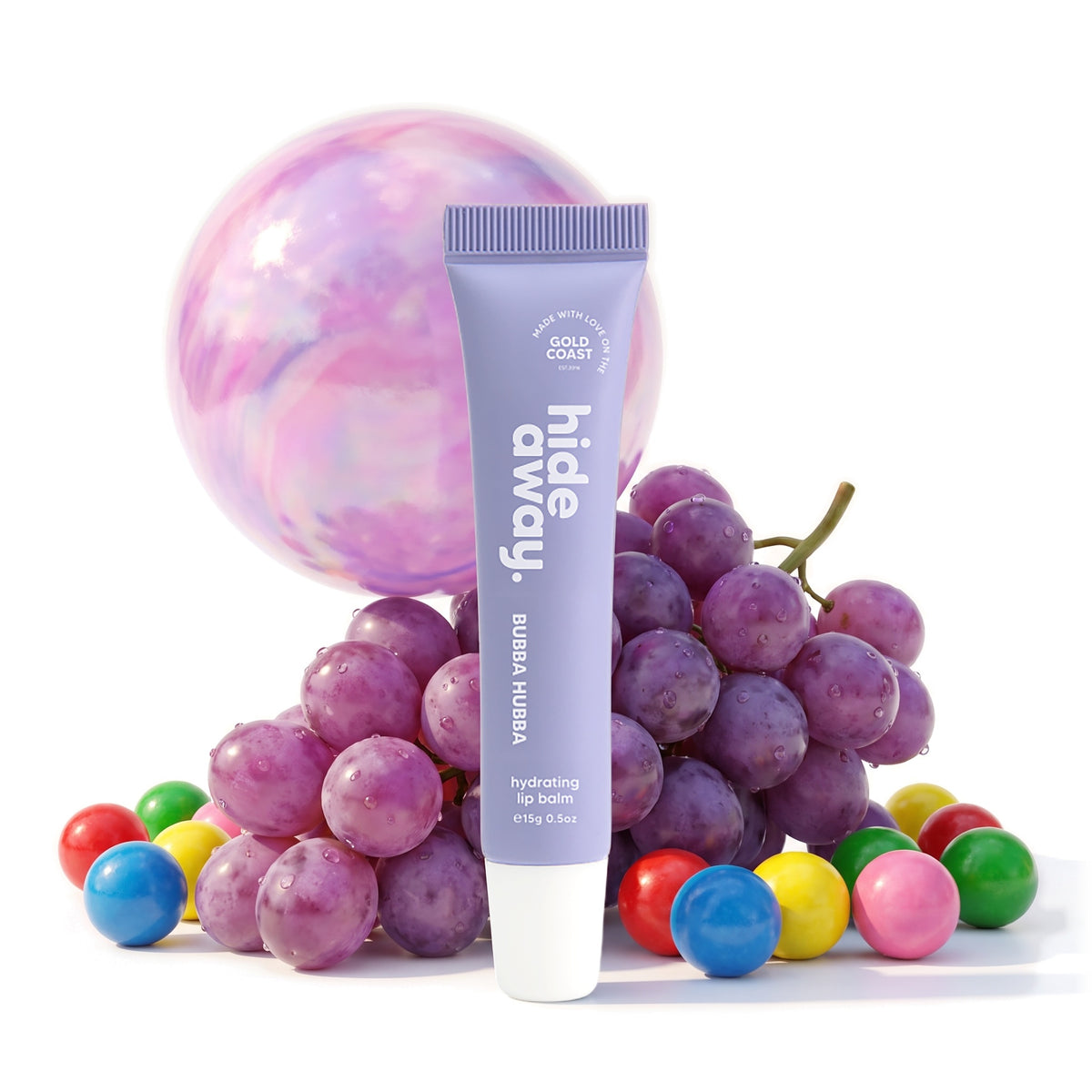 Hideaway. Bubba Hubba lip balm with grapes and bubblegum