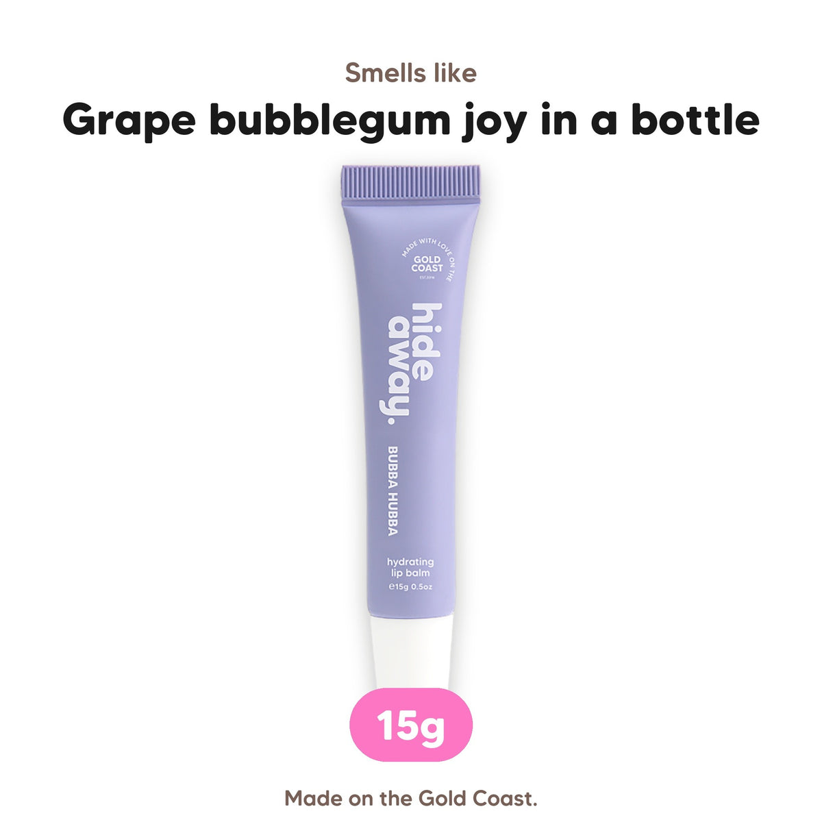 Bubba Hubba lip balm, smells like grape bubblegum joy in a bottle