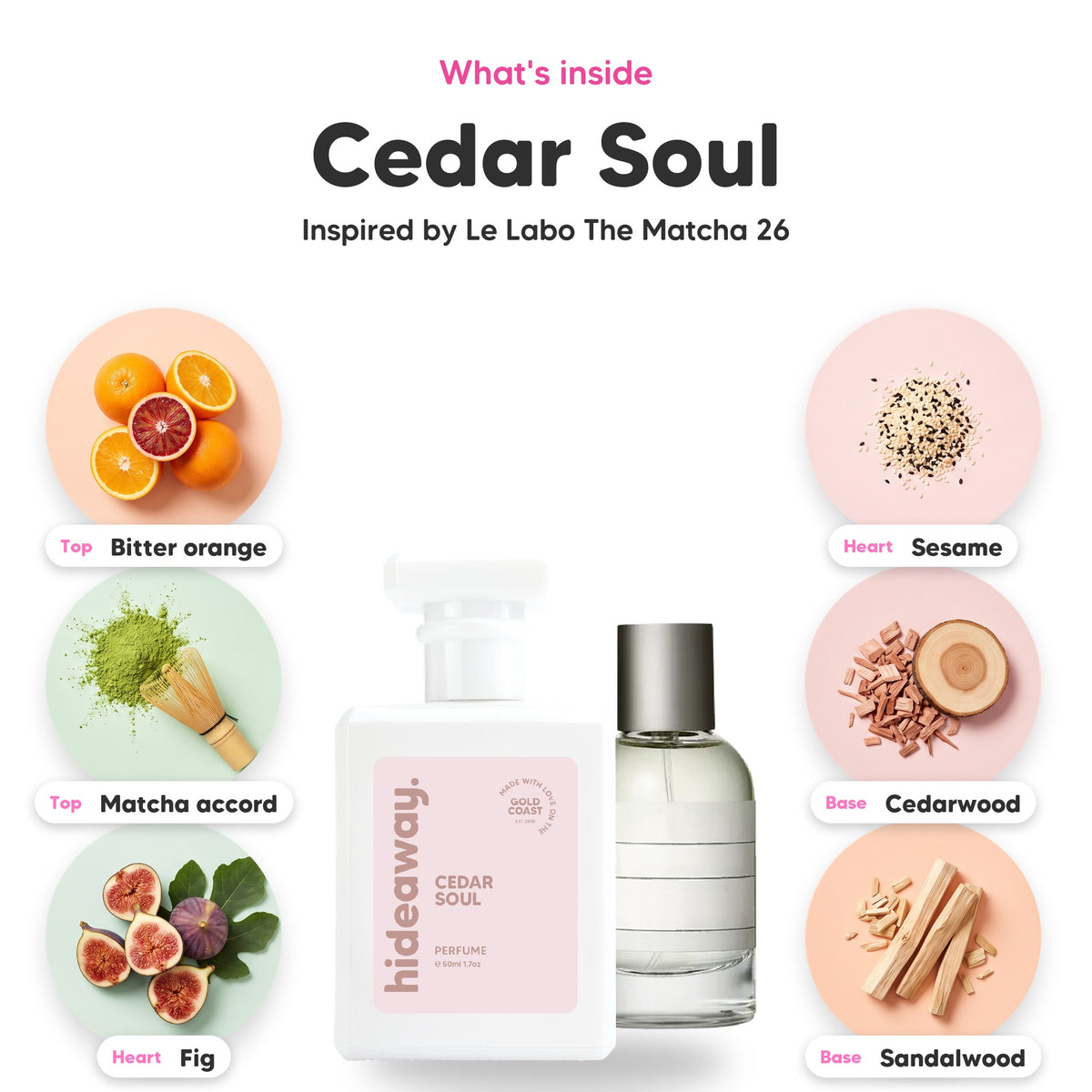 Notes inside Cedar Soul: Bitter orange, matcha accord, fig, sesame, cedarwood, sandalwood