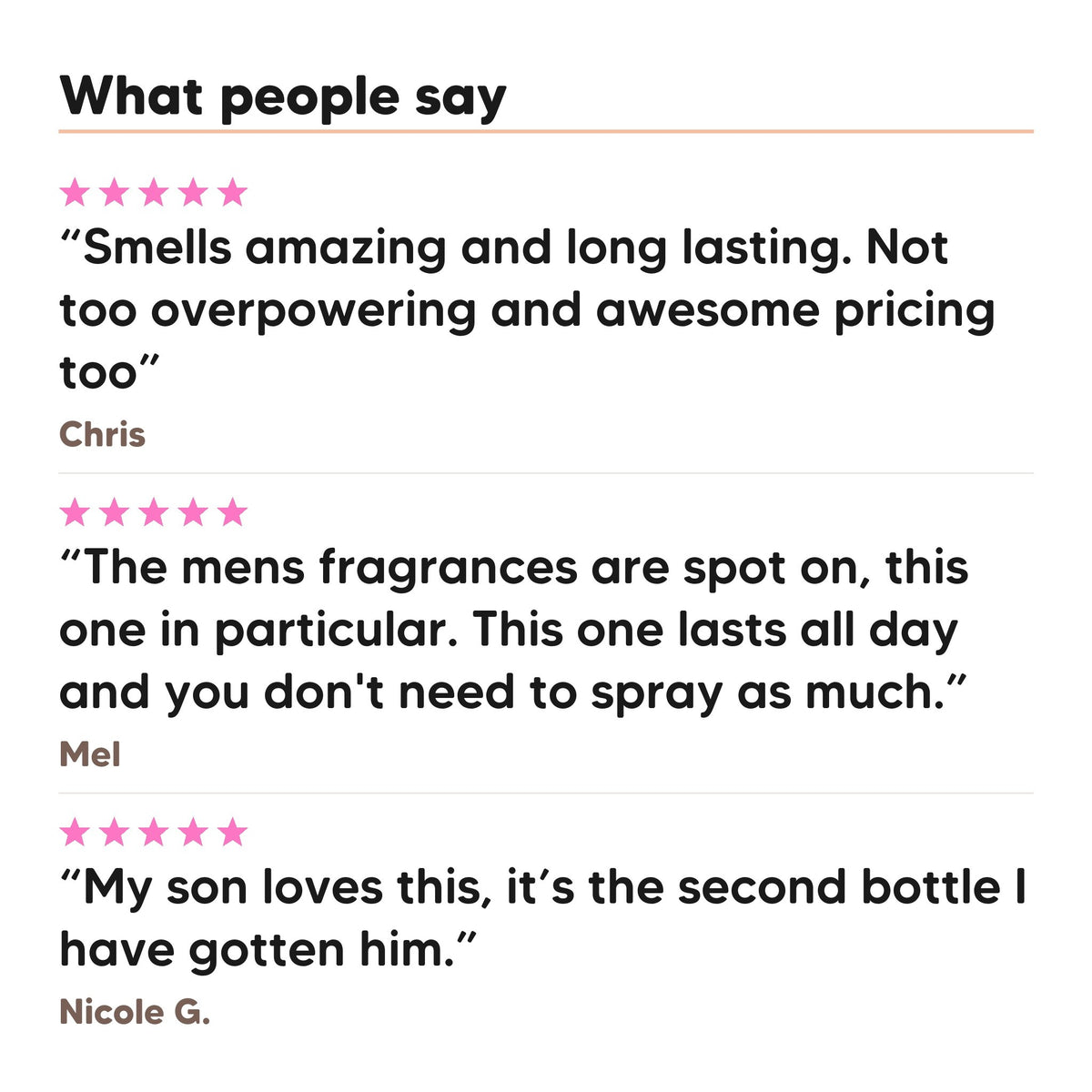 Three five star customer reviews of Hideaway. Centurion Man perfume