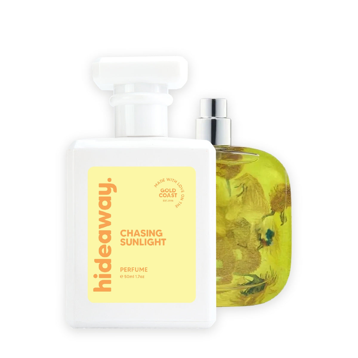 Hideaway. Chasing Sunlight perfume 50ml beside the Floral Street Sunflower Pop bottle it is inspired by