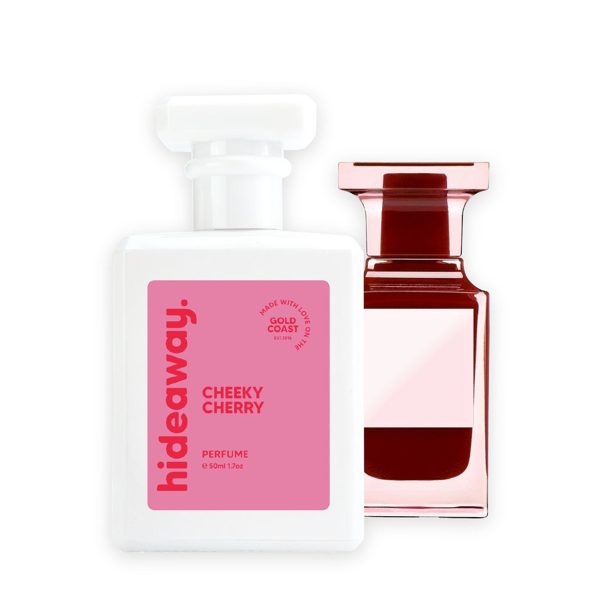 Hideaway. Cheeky Cherry perfume 50ml beside the Tom Ford Lost Cherry bottle it is inspired by