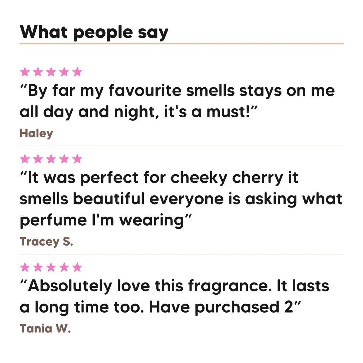 Three five star customer reviews of Hideaway. Cheeky Cherry perfume