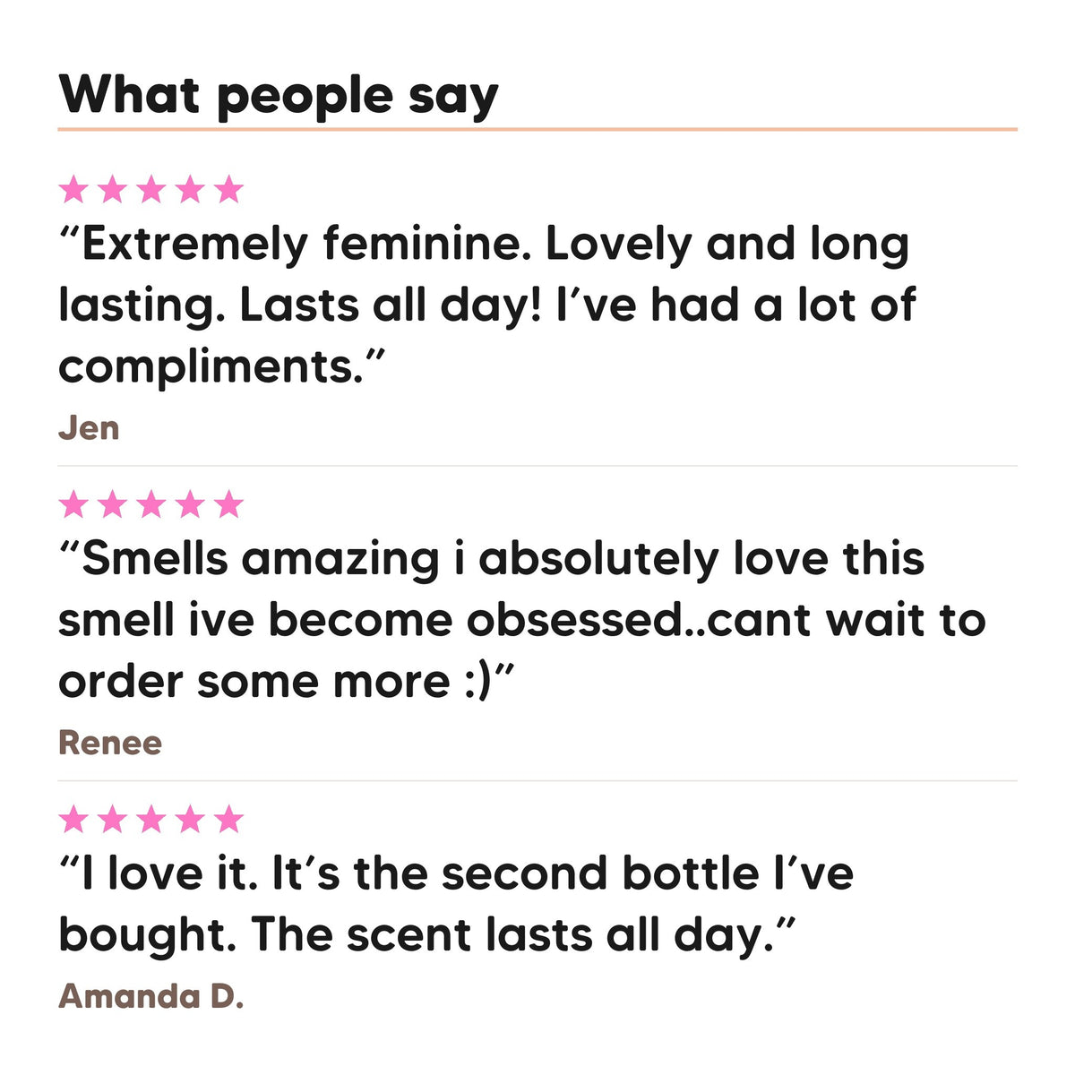 Three five star customer reviews of Hideaway. Chic Allure perfume