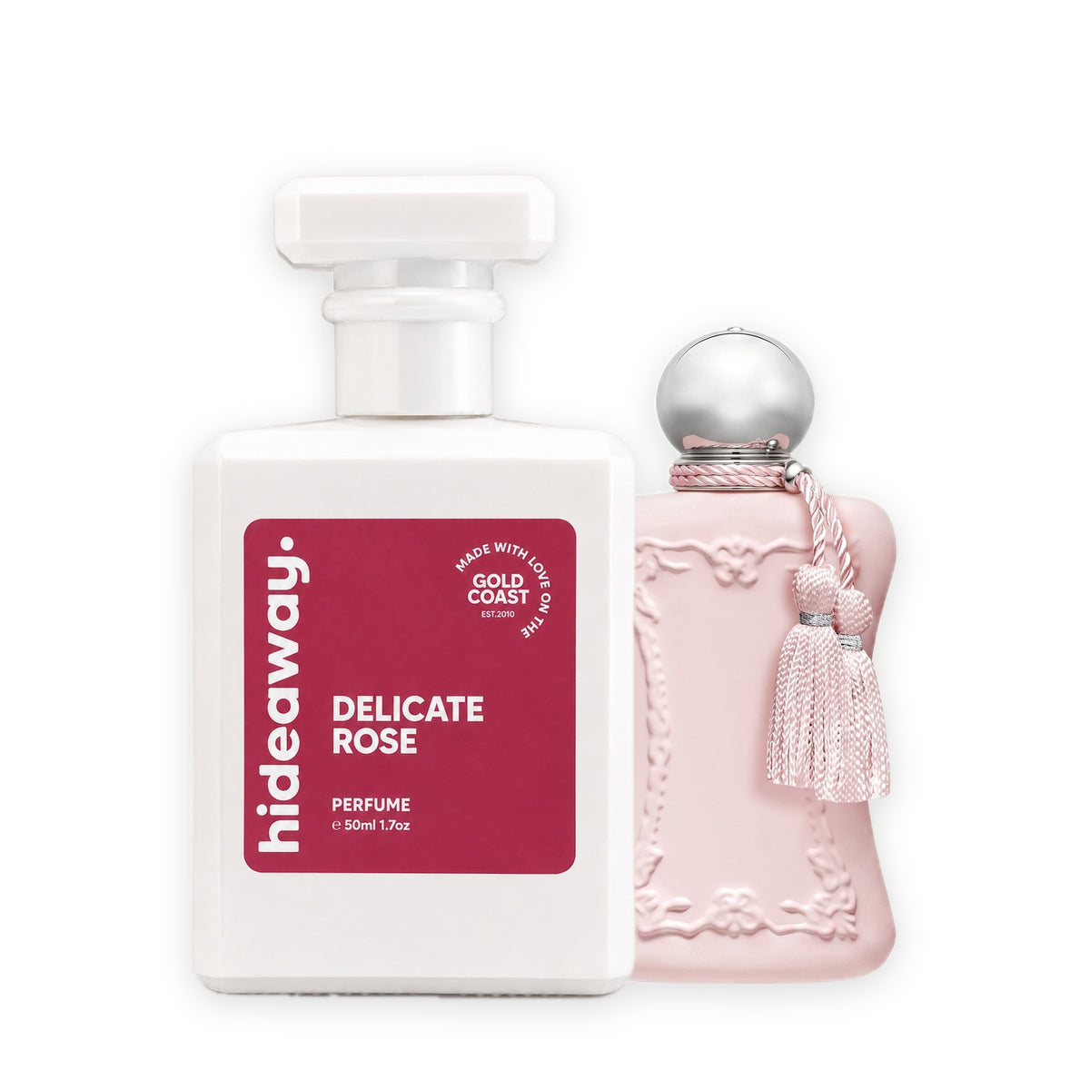 Hideaway. Delicate Rose perfume 50ml beside the Parfums de Marly Delina bottle it is inspired by