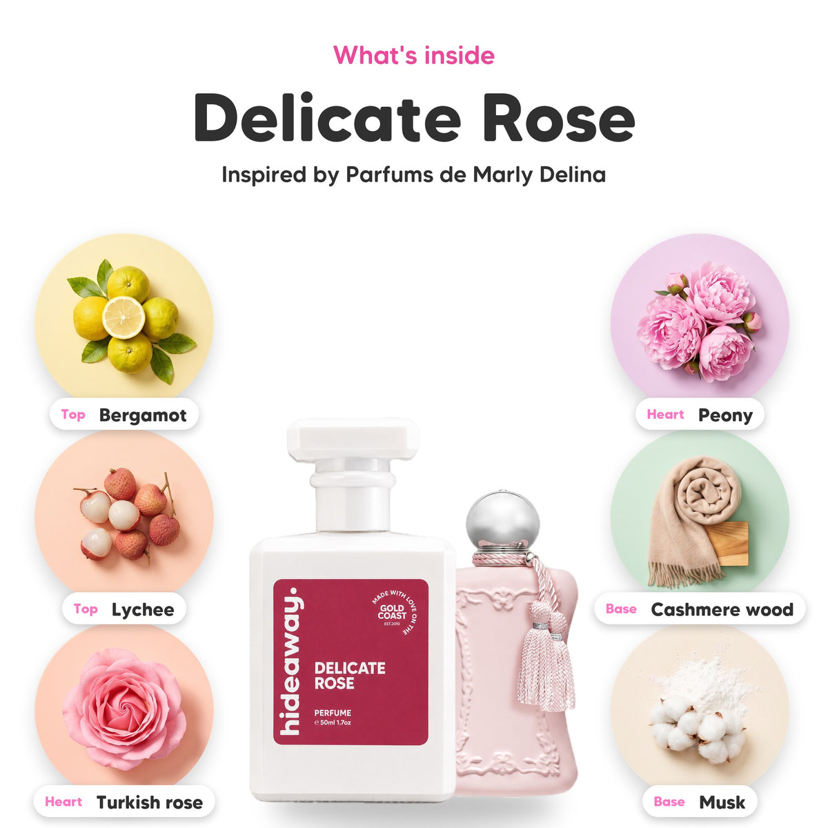 Notes inside Delicate Rose: Bergamot, lychee, turkish rose, peony, cashmere wood, musk