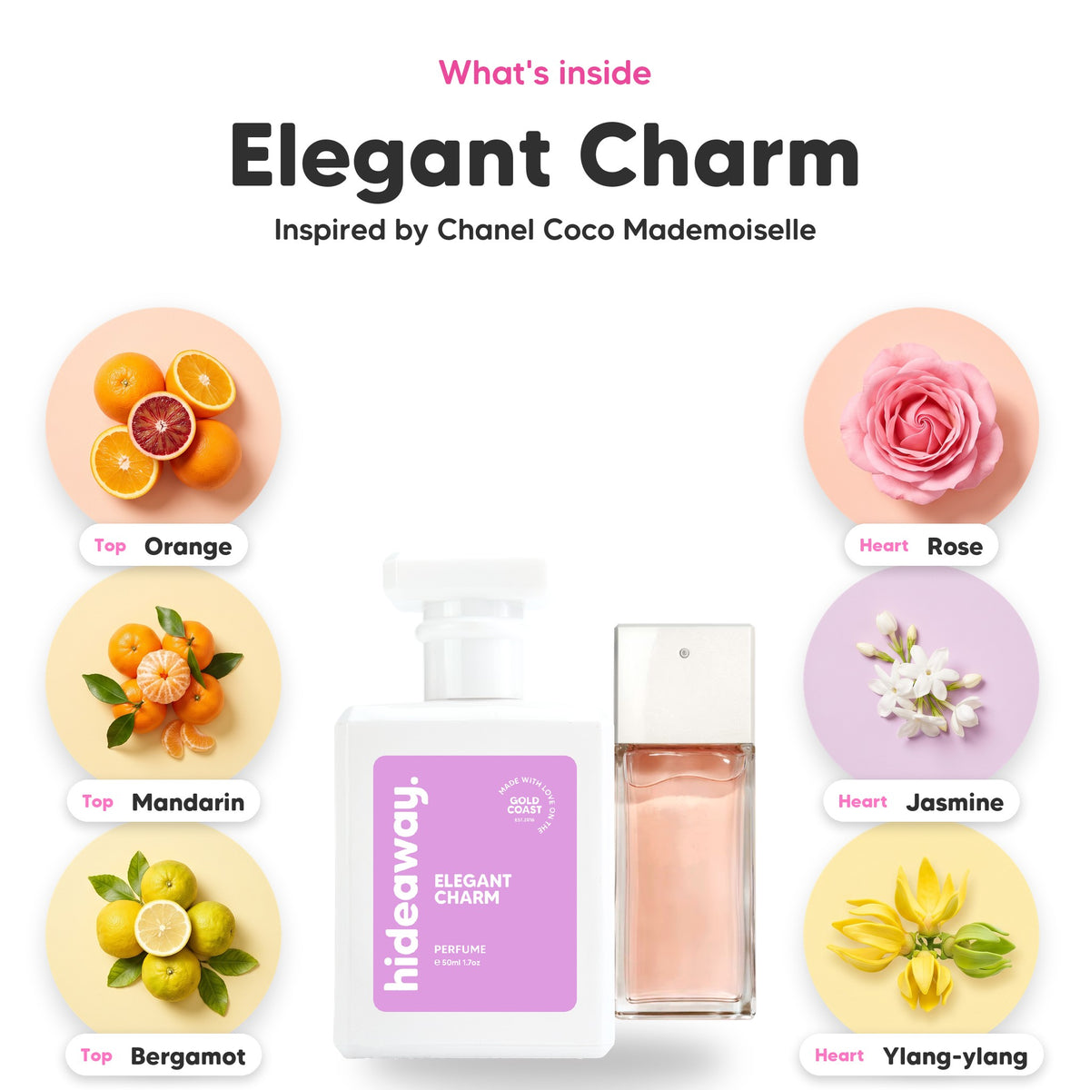 Notes inside Elegant Charm: Orange, mandarin, bergamot, rose, jasmine, ylang-ylang