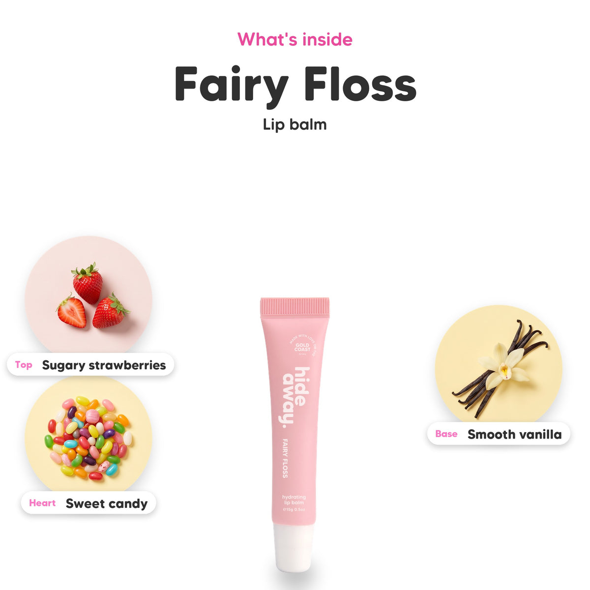 Notes inside Fairy Floss lip balm: Sugary strawberries, sweet candy, smooth vanilla