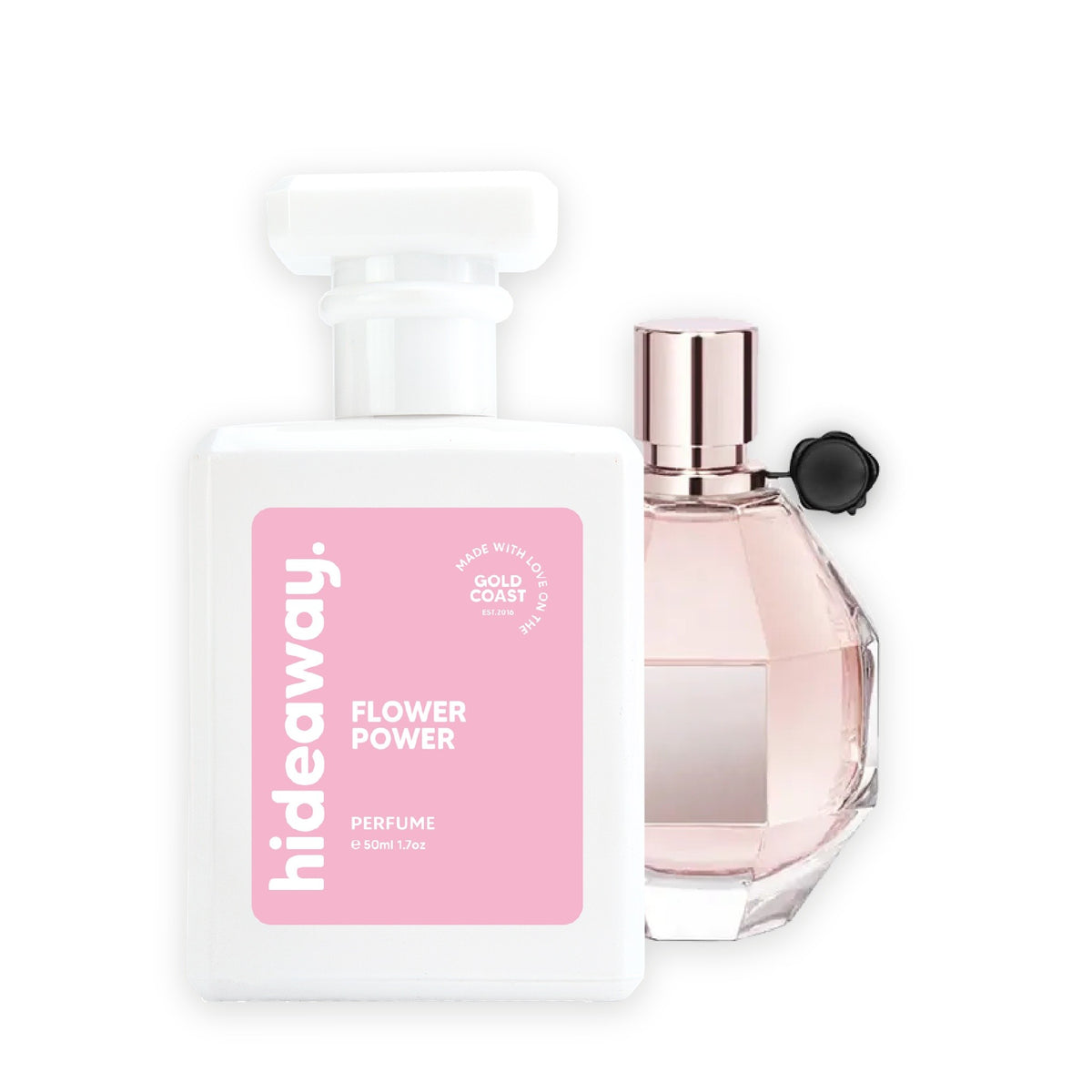 Hideaway. Flower Power perfume 50ml beside the Viktor & Rolf Flowerbomb bottle it is inspired by