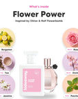 Notes inside Flower Power: Bergamot, tea, jasmine, rose, orchid, patchouli