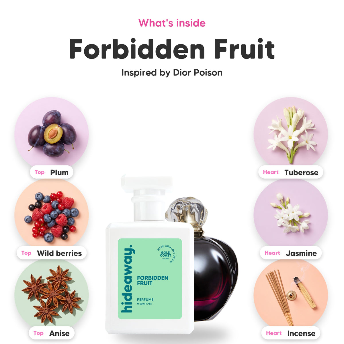 Notes inside Forbidden Fruit: Plum, wild berries, anise, tuberose, jasmine, incense