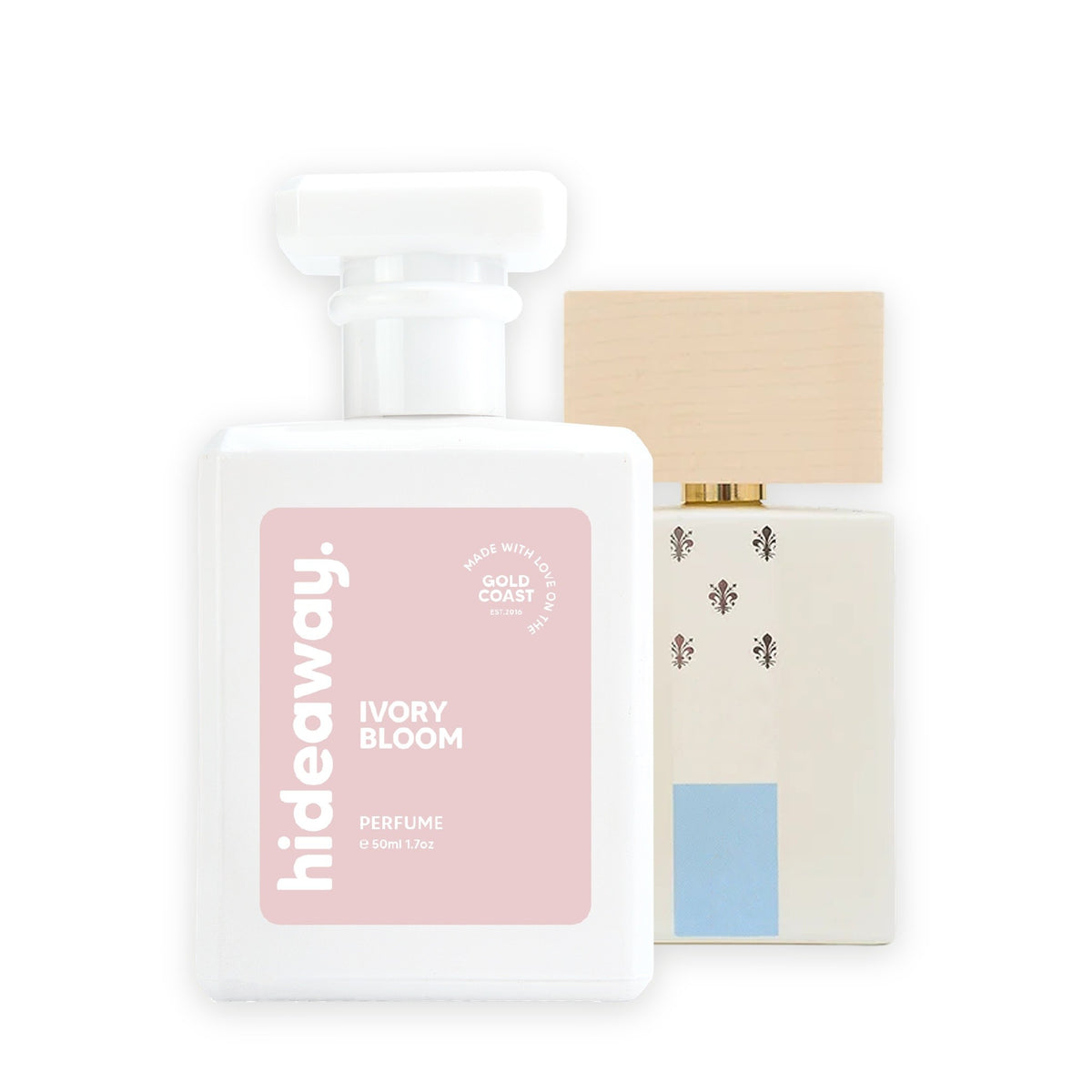 Hideaway. Ivory Bloom perfume 50ml beside the Giardini di Toscana Bianco Latte bottle it is inspired by
